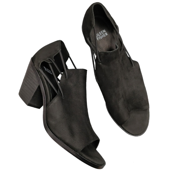 $235 EILEEN FISHER Nikki Peep Toe Sandal Booties Block Heel Black Leather 9.5 - Picture 1 of 10